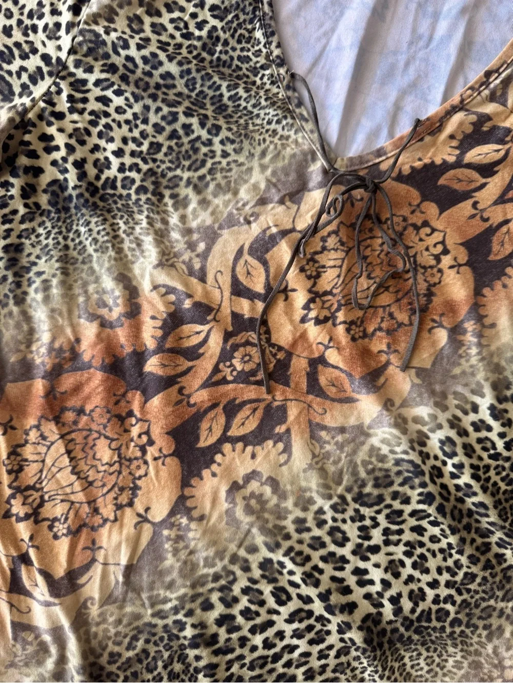 Fashion Bug Vintage Floral & Animal Cheetah Print Lace-Up Women's Blouse Mustard